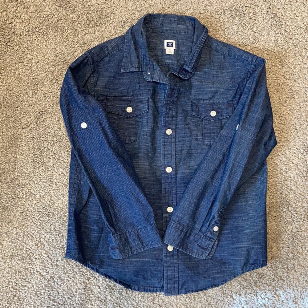 Janie and Jack Button Down with Adjustable sleeves. Size 5. Navy Blue
